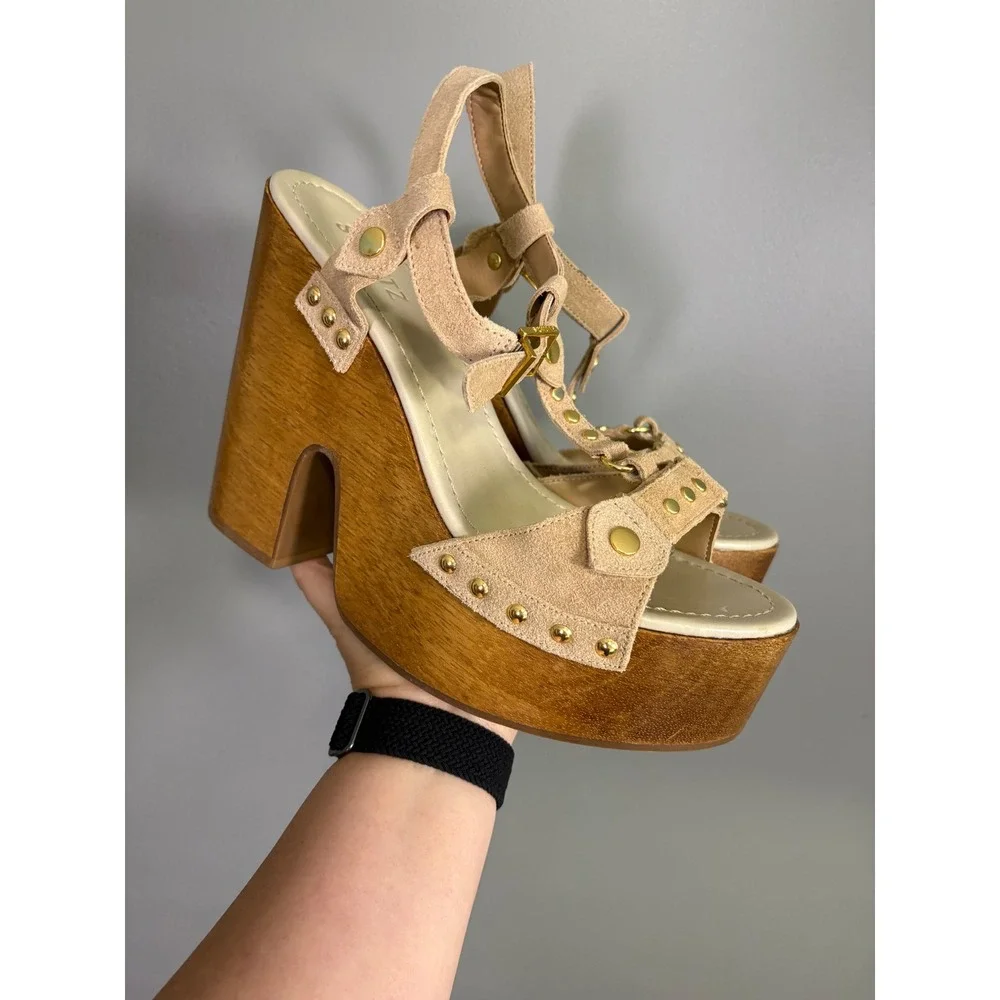 NWOB Schutz Stevie Cutout Platform Wedge Sandals Women 10B Suede Studded Wood